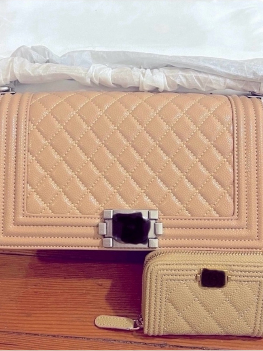 Quilted Beige Leather Shoulder Bag with Matching Wallet